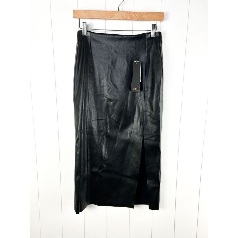 NWT Truth by Republic Vegan Leather Side Slit Skirt Black Pencil Size 2